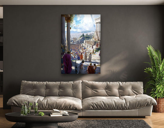 Organic shapes soften the edges of this Ancient Rome city art from glass, featuring a classical scene along a stone path.