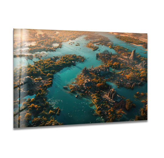 The old ancient Indian city art presents a striking layering effect, adding depth to this unique modern wall decor of waterways and buildings among lush, vibrant foliage.