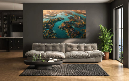 Displayed on a dark wall, the old ancient Indian city glass wall art offers a beautiful view, enhancing this modern living room with unique wall art prints.