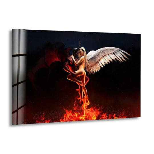The striking glass wall art decor features the organic forms of an angel embracing a devil amidst fiery organic forms.