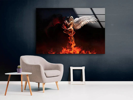A dynamic angel and devil embrace in a fiery abyss, creating striking depth and layers in this striking glass home decoration.