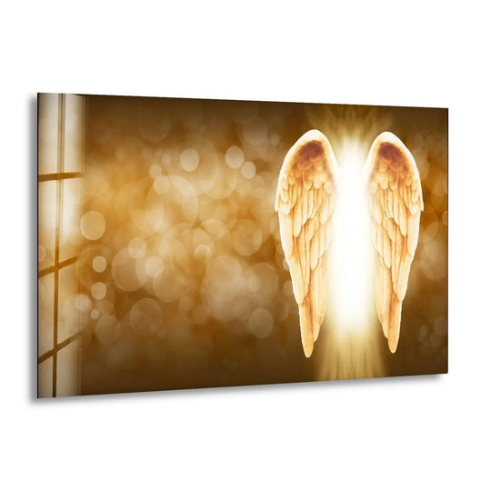 A heavenly, glowing mood emanates from this ethereal angel wings art from glass.
