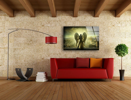 Cool art angel woman glass wall art with wings and cityscape view and woman wall art for a mystical touch