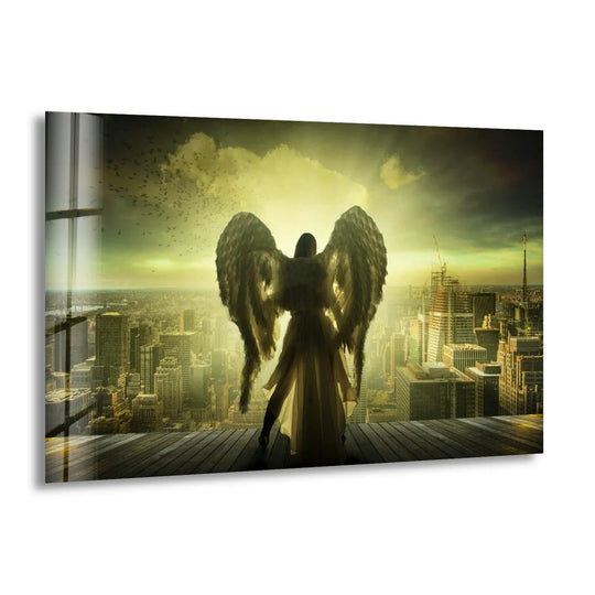 Cool Art glass wall art showing an angel woman with wings and cityscape and Angel Woman Glass Wall Art