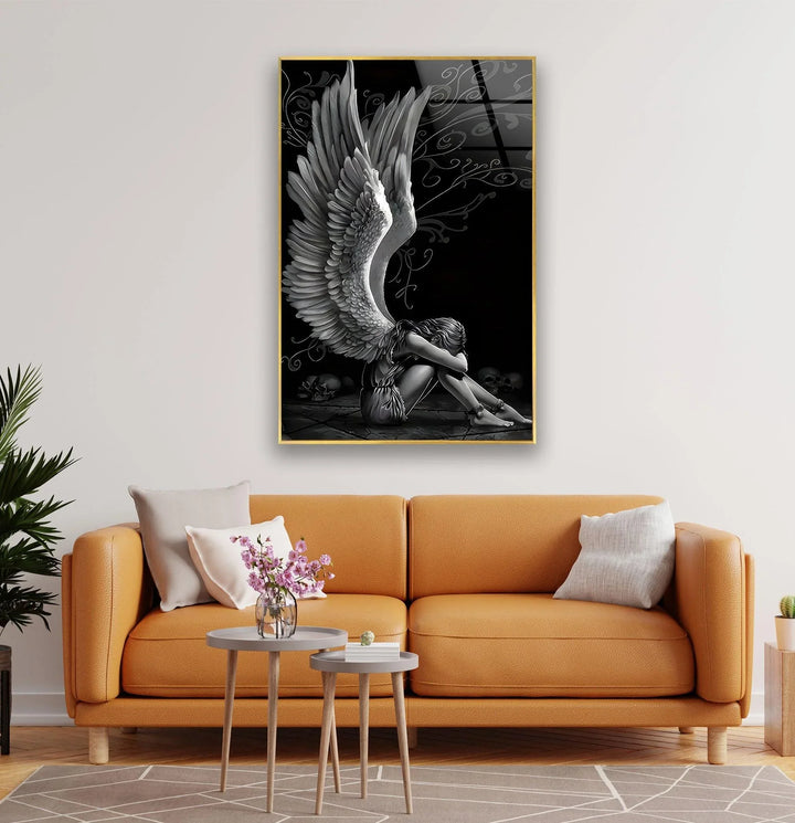 Black and white angel-themed glass wall art capturing a melancholic winged figure in deep contrast.