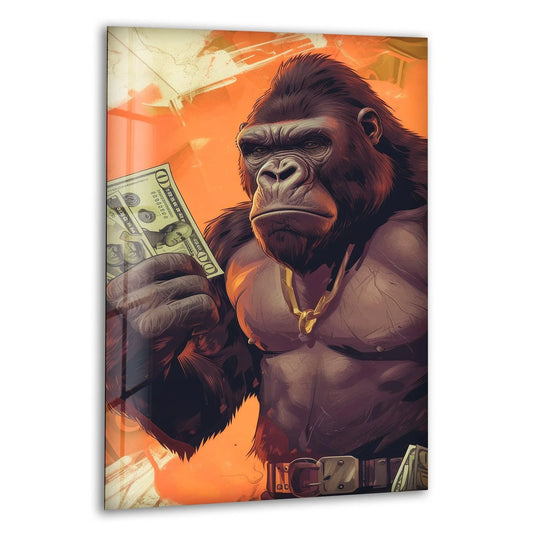 A powerful gorilla holds US dollars against a vibrant orange background, creating striking color contrast in this glass wall art decor.
