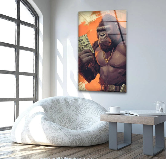 This modern glass printing features a powerful gorilla design with bold geometric lines against an orange background.