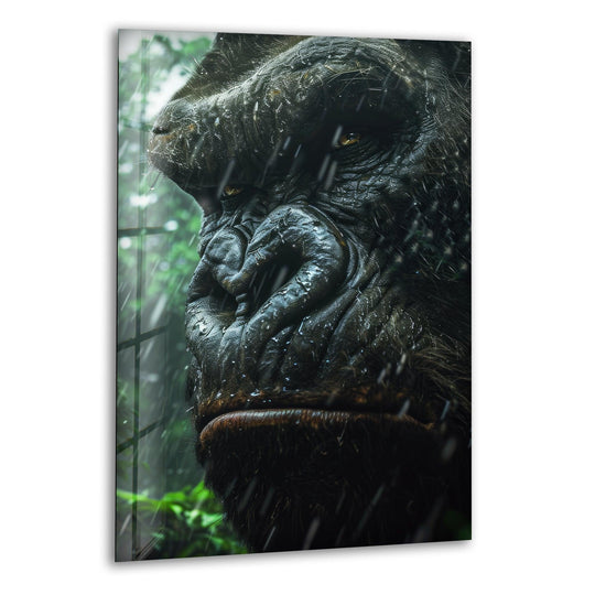Raindrops create delicate streams on this majestic rainforest gorilla close-up wildlife scene displayed as brilliant glass art.
