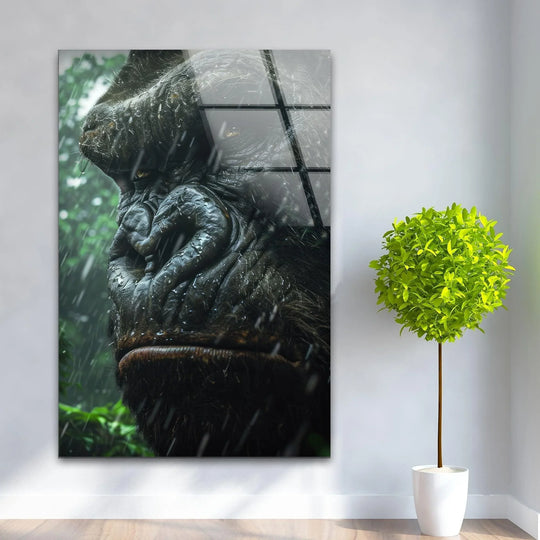 Facing the downpour, the majestic gorilla is the imposing central subject in this wildlife wall art prints.