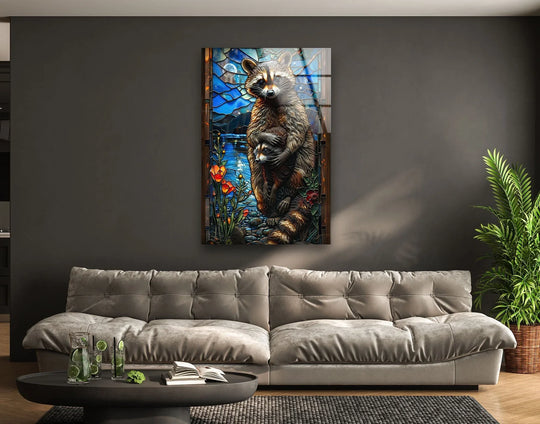 Two raccoons embrace under a moonlit sky in this stained-glass inspired wall art print, creating a captivating visual rhythm.