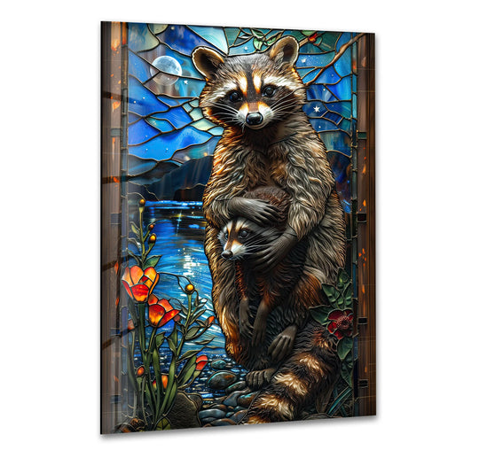 Moonlit glass printing features a brightly shining moon and shimmering water with a loving raccoon family.