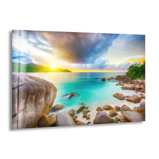 Captured are organic forms meeting turquoise waters and sandy shores in this Anse Lazio landscape art from glass wall art, showcasing the island's natural beauty.