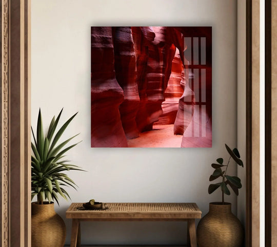 Showcasing the central subject of Antelope Canyon's red rock formations, this glass wall art offers high-definition wall art prints perfect for a modern landscape aesthetic.