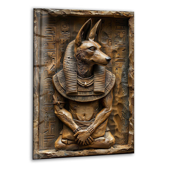 Ancient Egyptian Anubis statue carved from textured stone, creating a visual rhythm of hieroglyphs and an imposing figure, presented as best glass art.