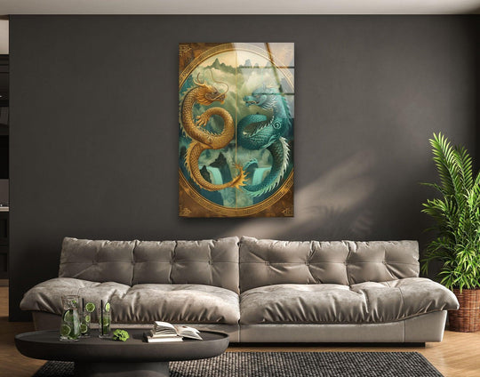 Dragon print wall art with a mystical mountain landscape background.