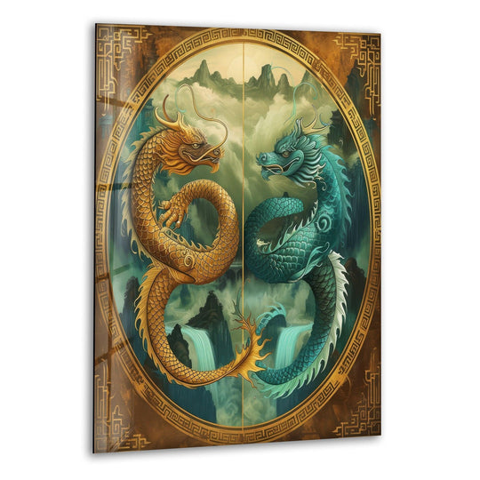 Two dragons, one gold and one teal, dominate this best glass art piece with their swirling forms against a mountainous, misty landscape.