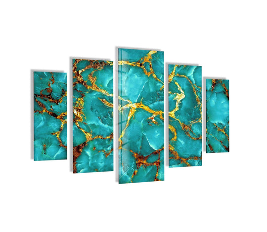 Highlighting the layering effect, this five-panel aqua blue with gold veins abstract glass art showcases a stunning depth with high-quality print wall art.