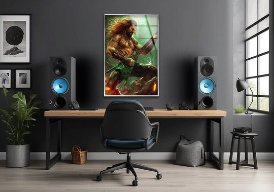 Creating depth and layers, the aquatic warrior glass wall artwork features a guitarist in an epic fantasy scene, adding a dynamic focal point to the room's design.