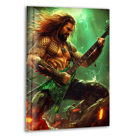 Light and shadow define the muscular form of the aquatic warrior guitarist, making this epic fantasy scene a prime example of best glass art.