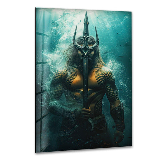Layered depths showcase the underwater warrior glass wall art with his spear, creating a striking three-dimensional effect with a unique modern wall decor print.