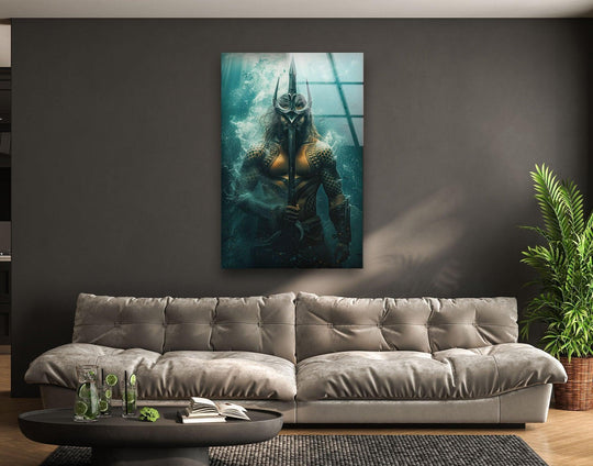 Reflecting light beautifully, the underwater warrior with spear art showcases a tempered glass finish, enhancing the print wall art details and vivid colors.