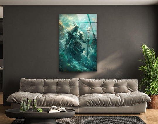 Crisp, clean edges define this ocean king with trident underwater glass art, a stunning example of modern glass art that captures the aquatic fantasy within its borders.