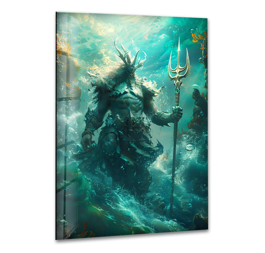High color saturation enhances the depiction of the ocean king and trident in this underwater tempered glass wall art, creating a visually stunning aquatic fantasy scene.