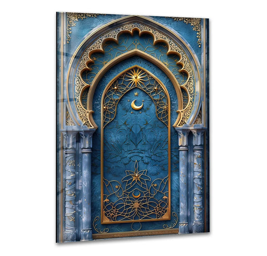 Subtly textured in deep cerulean, the background of this Arabic style glass wall artwork subtly accentuates the arched architecture and religious symbolism.