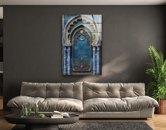 Smooth glass Arabic-style wall art decor highlights intricate gold detailing against a deep blue textured backdrop, adding dimension to the elegant artwork.