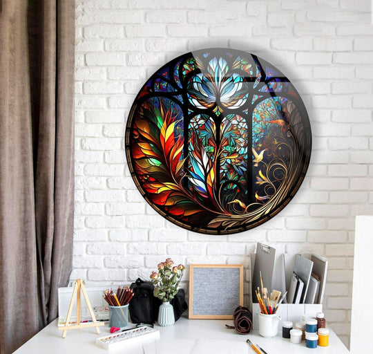 Arafed stained round is the central subject of this glass wall artwork, adding vibrant colors to the brick wall, a true glass masterpiece.