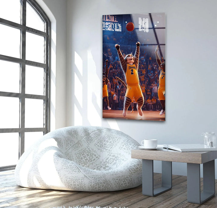 Playful glass wall artwork showing an excited cat athlete raising its paws on the court.