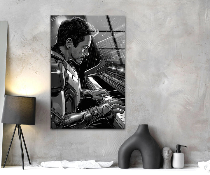  Iron Man Grayscale illustration printed on glass of a cybernetic figure composing music at a piano.