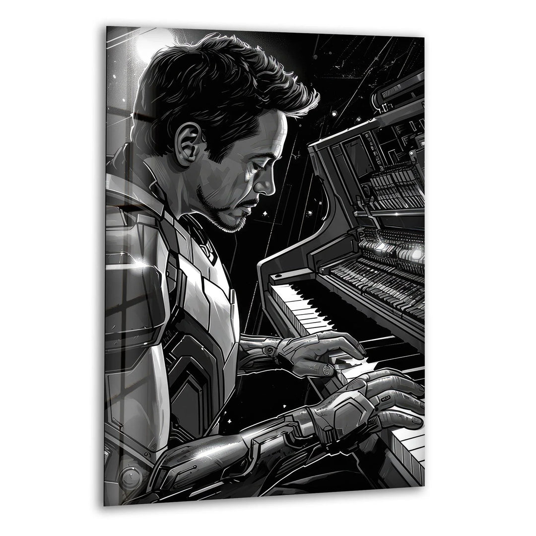 Soft light reflects off the piano keys in this tempered glass wall art featuring Iron Man as a pianist, blending strength with artistry.