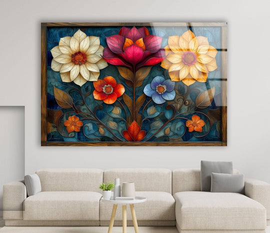 Framed Art Nouveau Flowers glass wall art features a rich wooden border framing the floral design, showcasing the best glass art.
