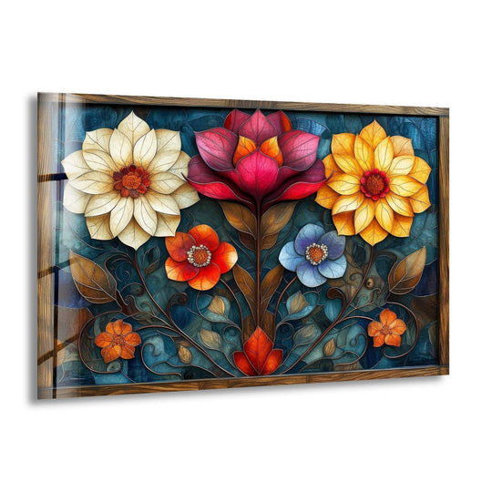 Art nouveau flowers glass art painting showcases a vibrant transition of colors from deep blues to fiery oranges and soft yellows.