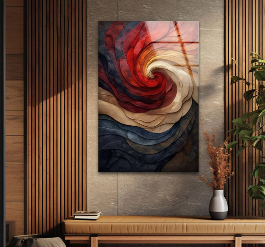 Glass wall art with an embossed spiral finish in deep navy and fiery red tones, a stunning decorative wall art.