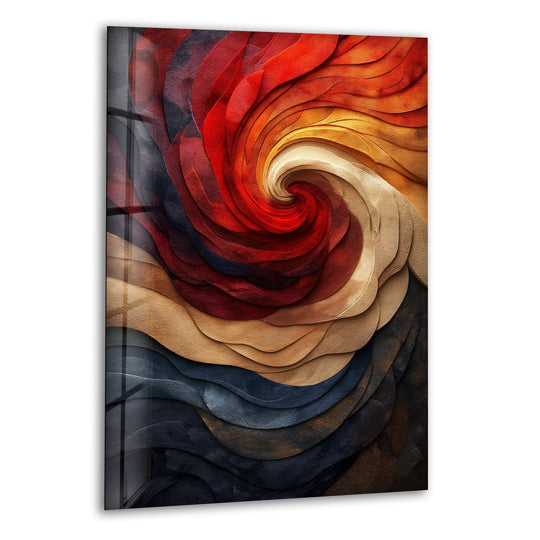 Abstract glass art showcases a swirling vortex of curved geometric planes in warm earth tones and vibrant reds.