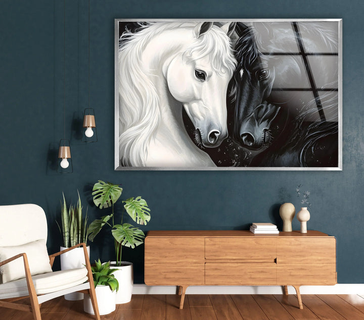 Black and white equine portrait glass art capturing the bond between two contrasting horses.