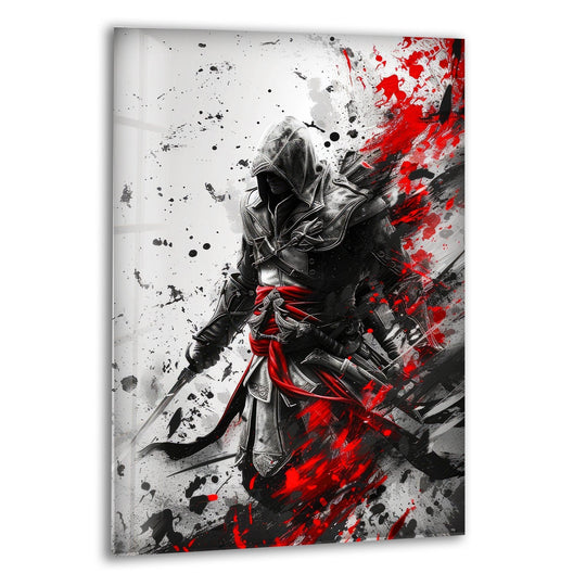 Hooded Assassin with Red Blades Glass Wall Art glass art painting, glass art for the Wall
