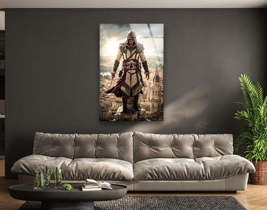 The glass printing accentuates the hooded assassin standing boldly over the cityscape in this captivating Hooded Assassin Standing Over City Glass Wall Art.