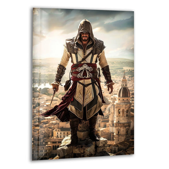 With muted color saturation, the hooded assassin standing over the city is a captivating hanging wall art piece with muted tones throughout the tempered glass.