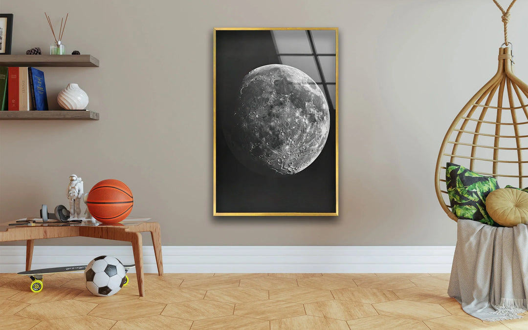 Black and white celestial wall art depicting a sharply detailed view of the moon against a dark sky.