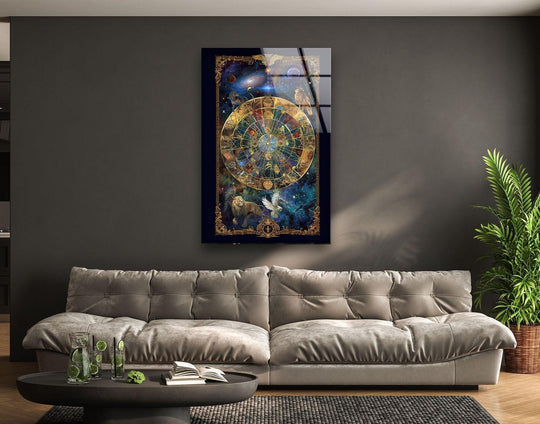 An abstract astrological glass art piece features a cosmic zodiac wheel amidst celestial nebulas, evoking a sense of mystical wonder.