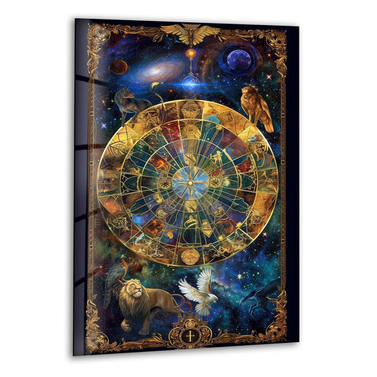 Astrology glass wall art features a detailed geometric zodiac wheel with celestial patterns, creating a captivating cosmic display of best glass art.