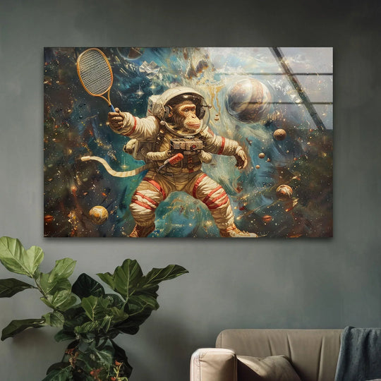 A horizontal, rectangular hanging wall art piece depicts an astronaut monkey holding a tennis racket in the vastness of space.
