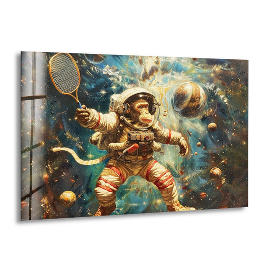 Realistic detail of an astronaut monkey holding a tennis racket in a vibrant, detailed cosmic scene, perfect decorative wall art.
