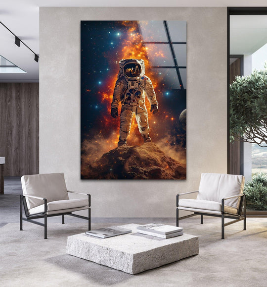Space Wall Art featuring Astronaut on the Moon Glass Wall Art glossy finish with spaceman motif perfect for home decor and durable vibrant prints