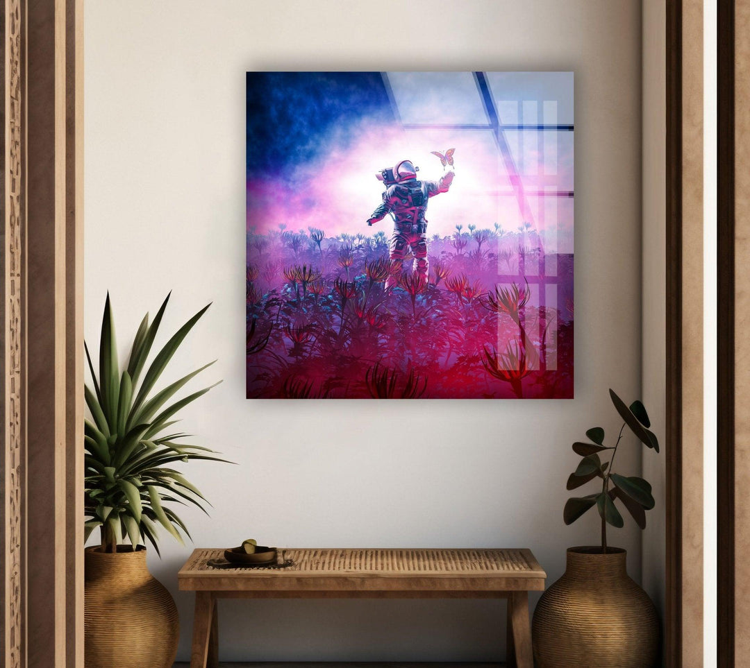 Astronaut With Butterfly Glass Wall Art, glass photo prints, glass picture prints