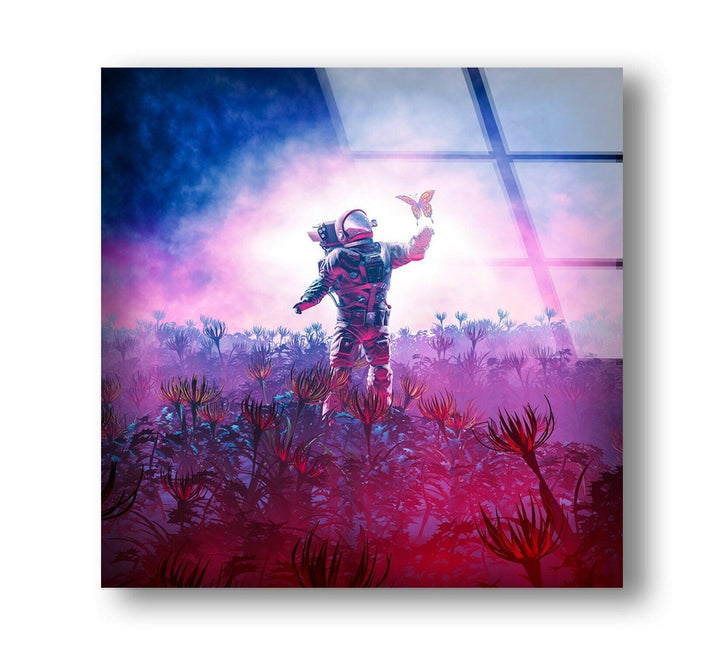 Astronaut With Butterfly Glass Wall Art, photo print on glass, prints on glass wall art