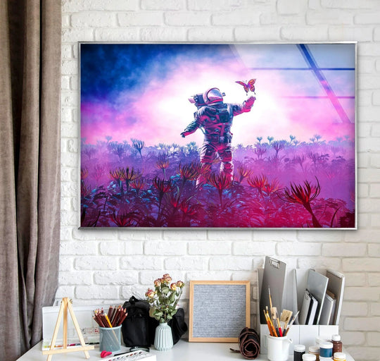 Space Wall Art showing Astronaut With Butterfly Glass Wall Art glossy and space wall art and glass printed photos